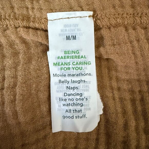 Aerie American Eagle Shirt Tan Women's Medium Crinkle Gauze Button-Up Cotton Top - Picture 9 of 11